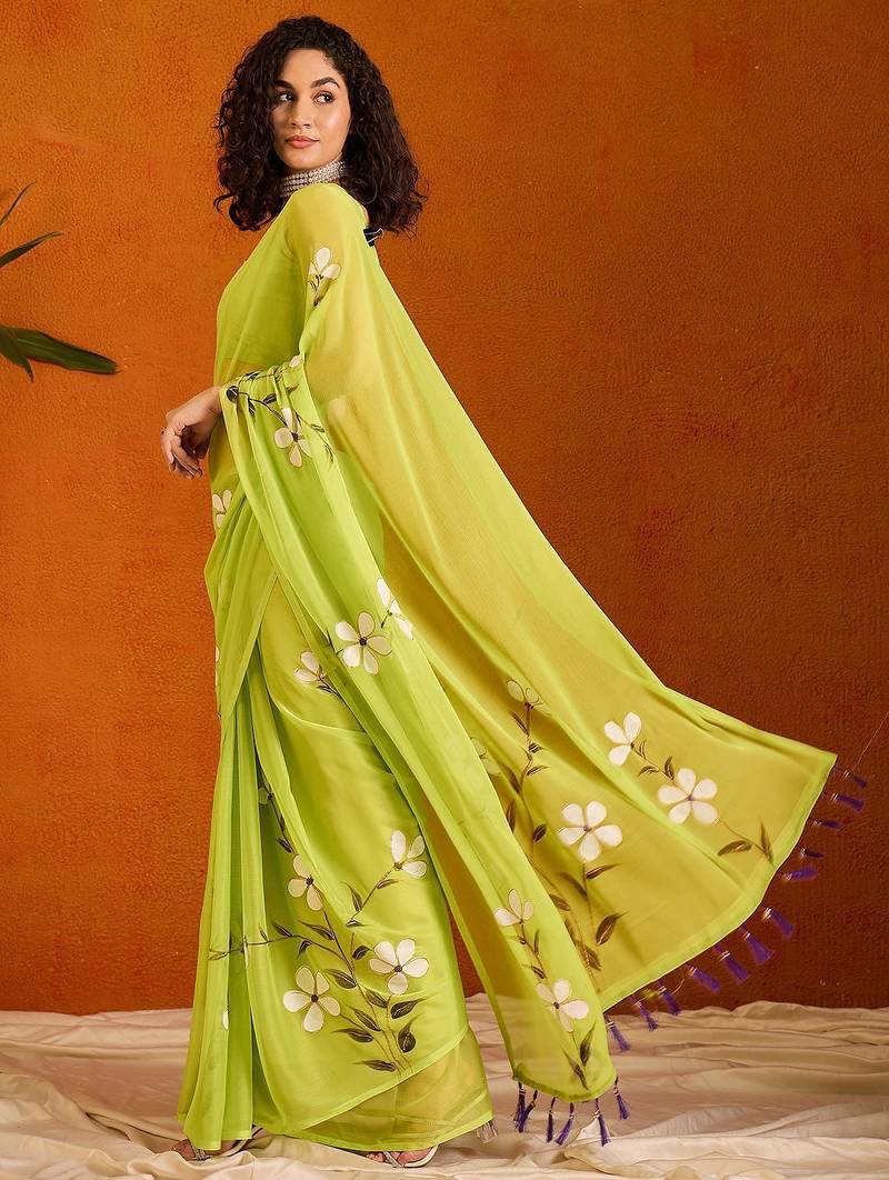 green floral poly chiffon saree