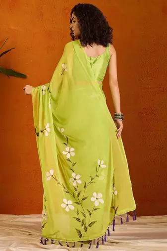 green floral poly chiffon saree