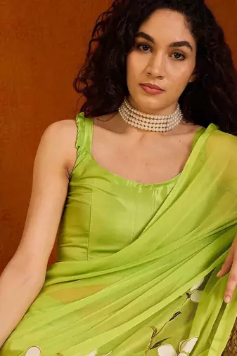 green floral poly chiffon saree
