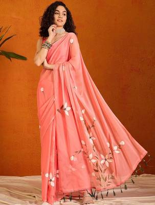 Pink floral poly chiffon saree 1