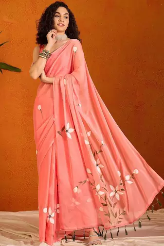 Pink floral poly chiffon saree