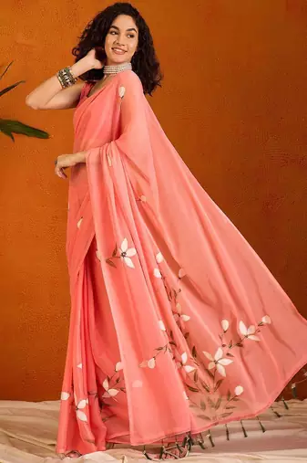 Pink floral poly chiffon saree