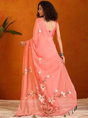 Pink floral poly chiffon saree 3