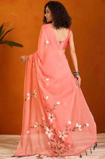 Pink floral poly chiffon saree