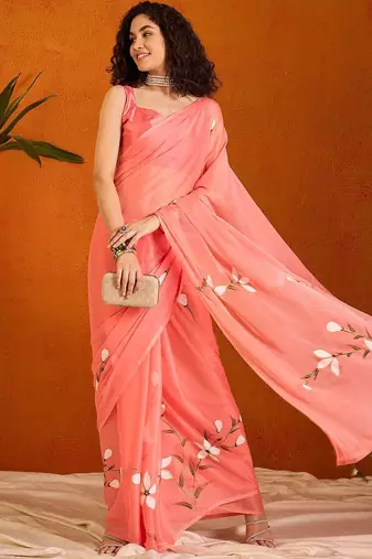 Pink floral poly chiffon saree