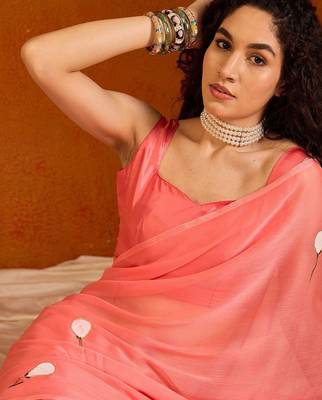 Pink floral poly chiffon saree 5