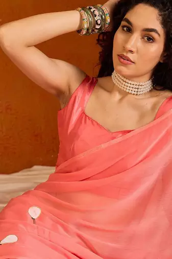 Pink floral poly chiffon saree
