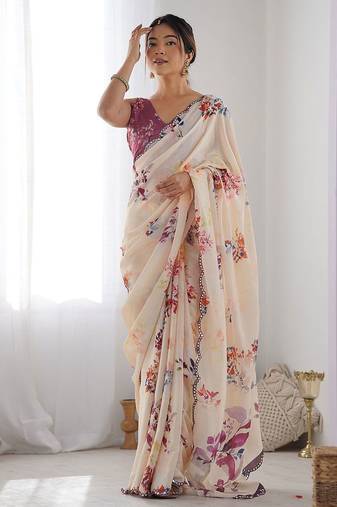 Beige floral printed mirror work pure chiffon saree