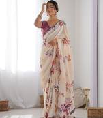 Beige floral printed mirror work pure chiffon saree