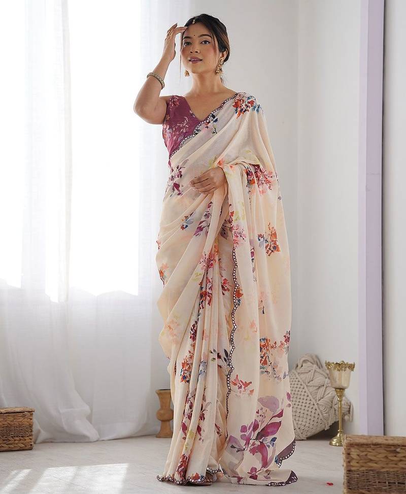 Beige floral printed mirror work pure chiffon saree