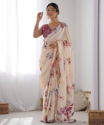 Beige floral printed mirror work pure chiffon saree 2