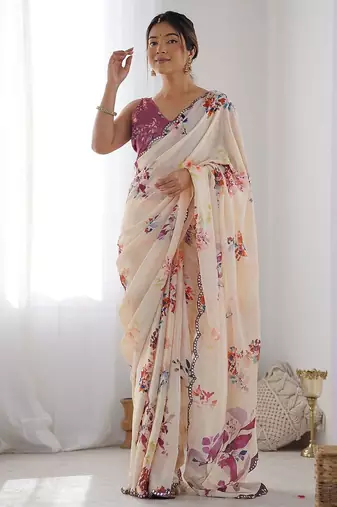 Beige floral printed mirror work pure chiffon saree