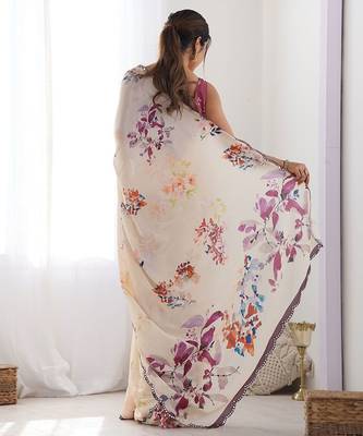 Beige floral printed mirror work pure chiffon saree 3