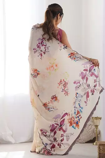 Beige floral printed mirror work pure chiffon saree