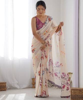 Beige floral printed mirror work pure chiffon saree 4
