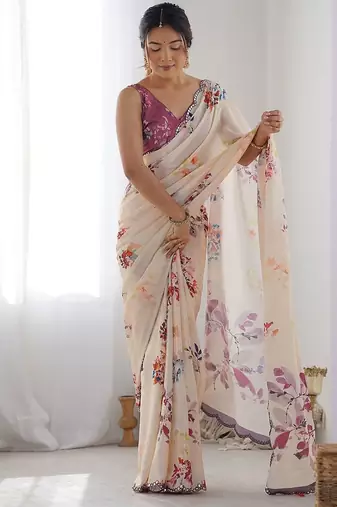 Beige floral printed mirror work pure chiffon saree