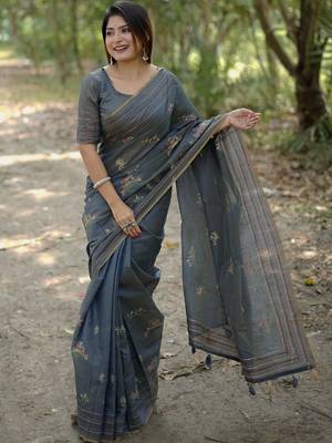 Grey ethnic motifs embroidered tussar saree 1