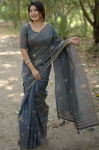 Grey ethnic motifs embroidered tussar saree