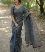 Grey ethnic motifs embroidered tussar saree