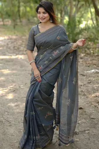 Grey ethnic motifs embroidered tussar saree