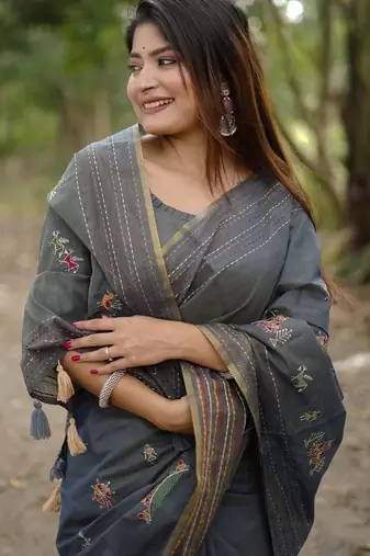Grey ethnic motifs embroidered tussar saree