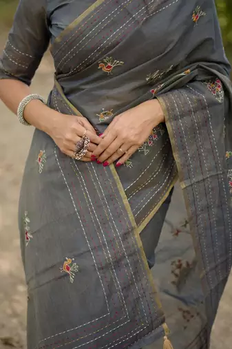 Grey ethnic motifs embroidered tussar saree