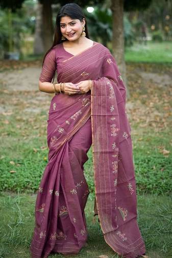 pink ethnic motifs embroidered tussar saree