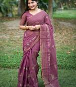 pink ethnic motifs embroidered tussar saree