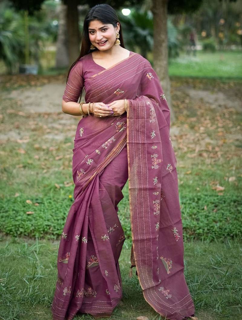 pink ethnic motifs embroidered tussar saree