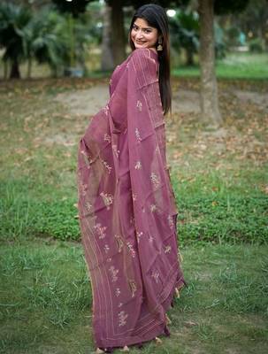 pink ethnic motifs embroidered tussar saree 2