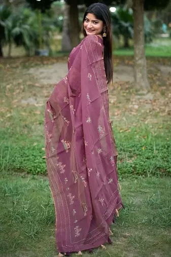 pink ethnic motifs embroidered tussar saree