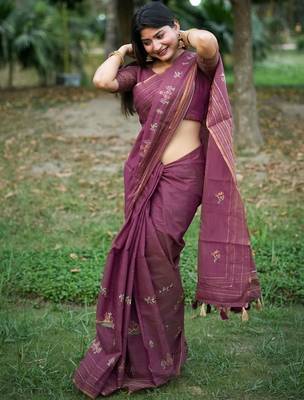 pink ethnic motifs embroidered tussar saree 3