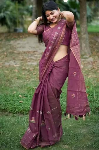 pink ethnic motifs embroidered tussar saree