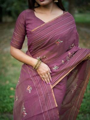 pink ethnic motifs embroidered tussar saree 4
