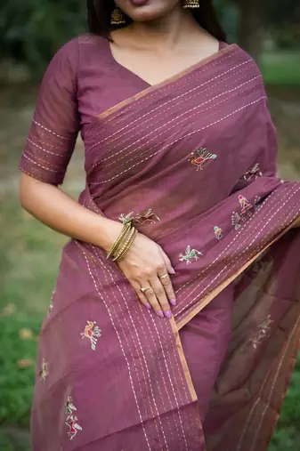 pink ethnic motifs embroidered tussar saree
