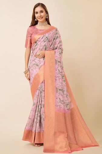 Pink floral printed zari saree
