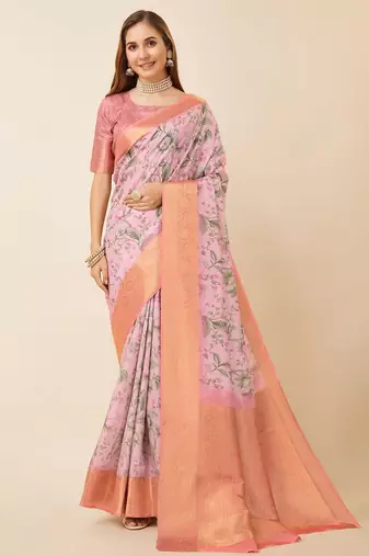 Pink floral printed zari saree