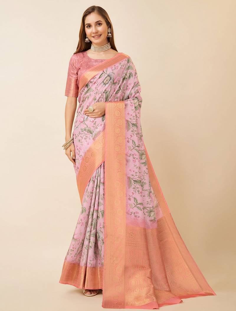 Pink floral printed zari saree