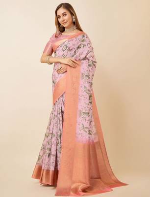 Pink floral printed zari saree 2