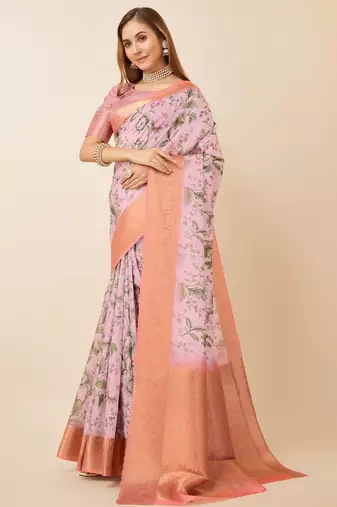 Pink floral printed zari saree