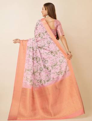Pink floral printed zari saree 3