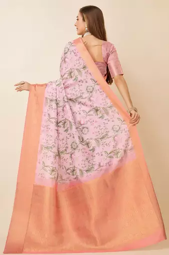 Pink floral printed zari saree