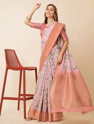 Pink floral printed zari saree 4