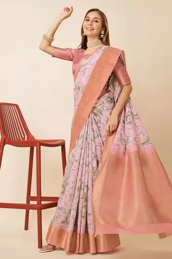 Pink floral printed zari saree
