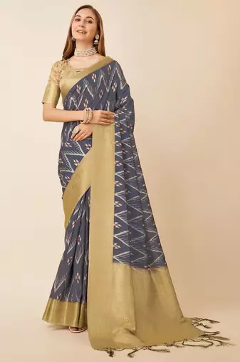 Purple geometric printed zari saree