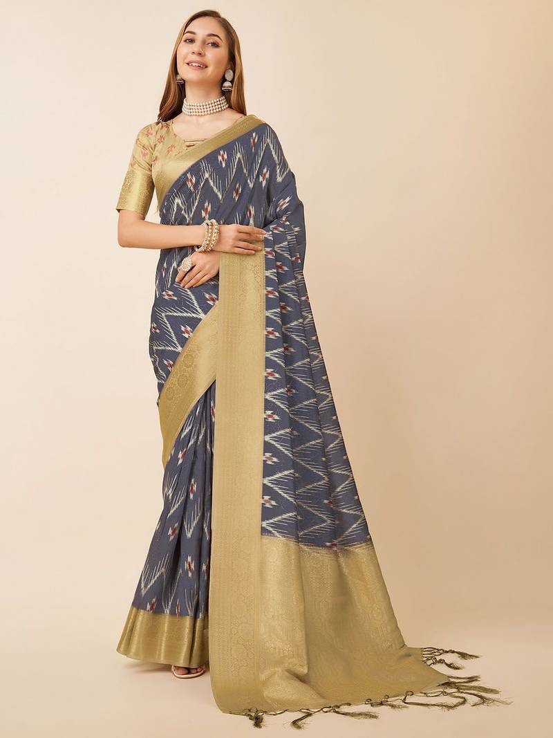 Purple geometric printed zari saree