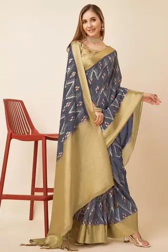 Purple geometric printed zari saree