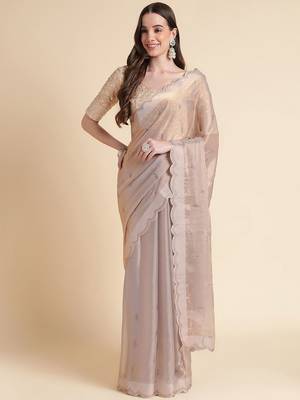peach embellished beads and stones pure chiffon saree 1