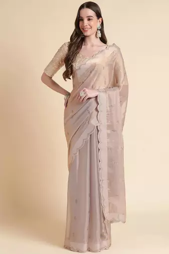 peach embellished beads and stones pure chiffon saree