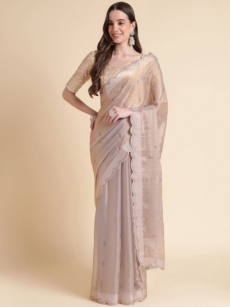 peach embellished beads and stones pure chiffon saree